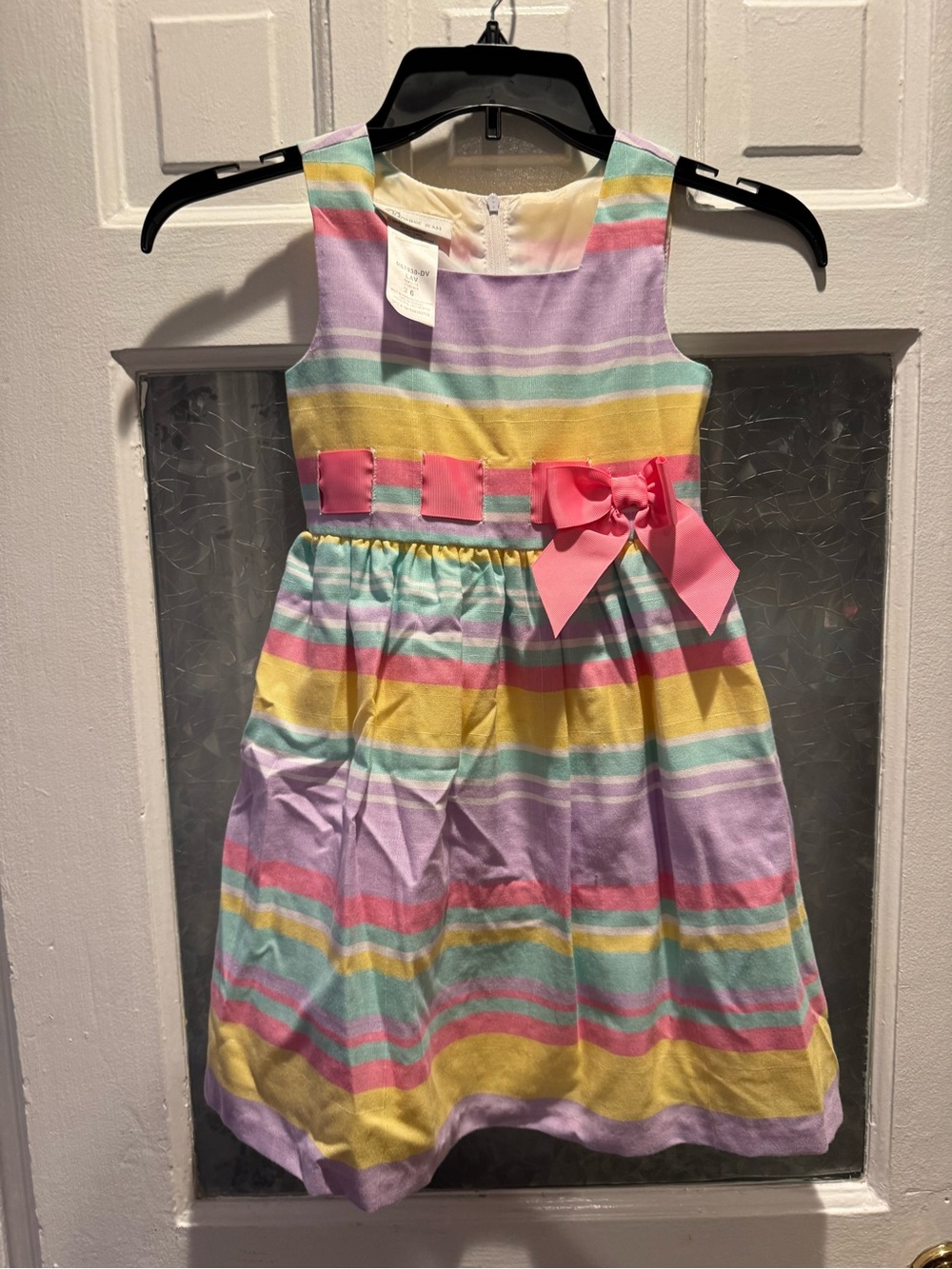 Bonnie Jean Pastel Stripe Sleeveless Dress with Pink Bow